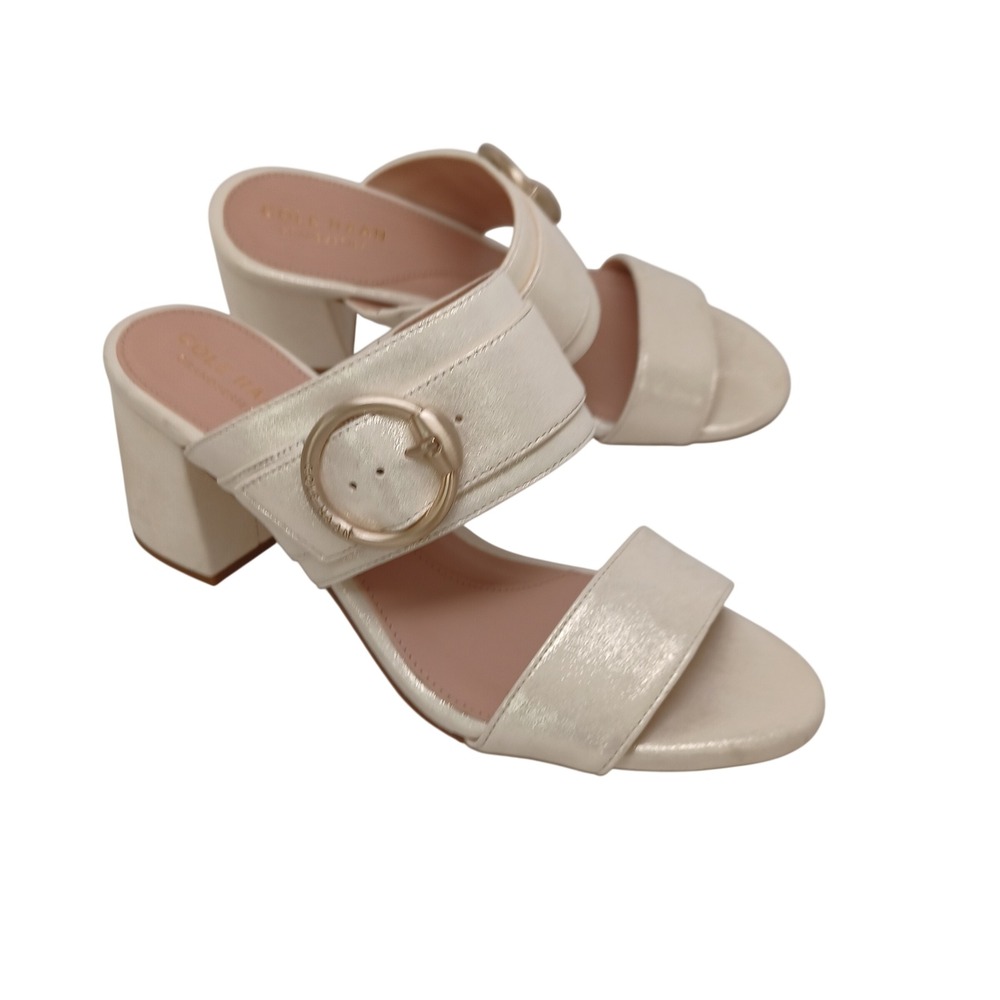 Cole Haan Grandseries Cream Metallic Leather Block Heel Buckle Mules Womens 6.5B